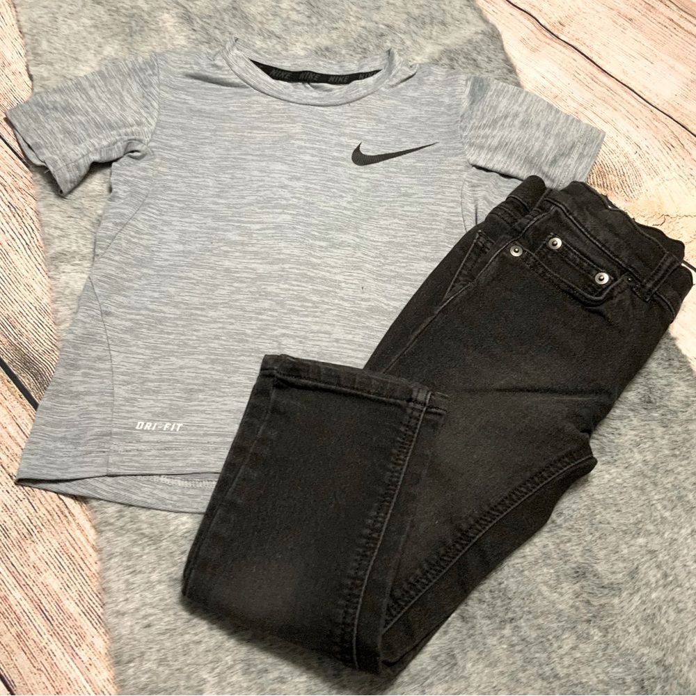 Kids Nike Gray Tee & Wonder Nation Black Skinny Jeans Matching Set Size 5